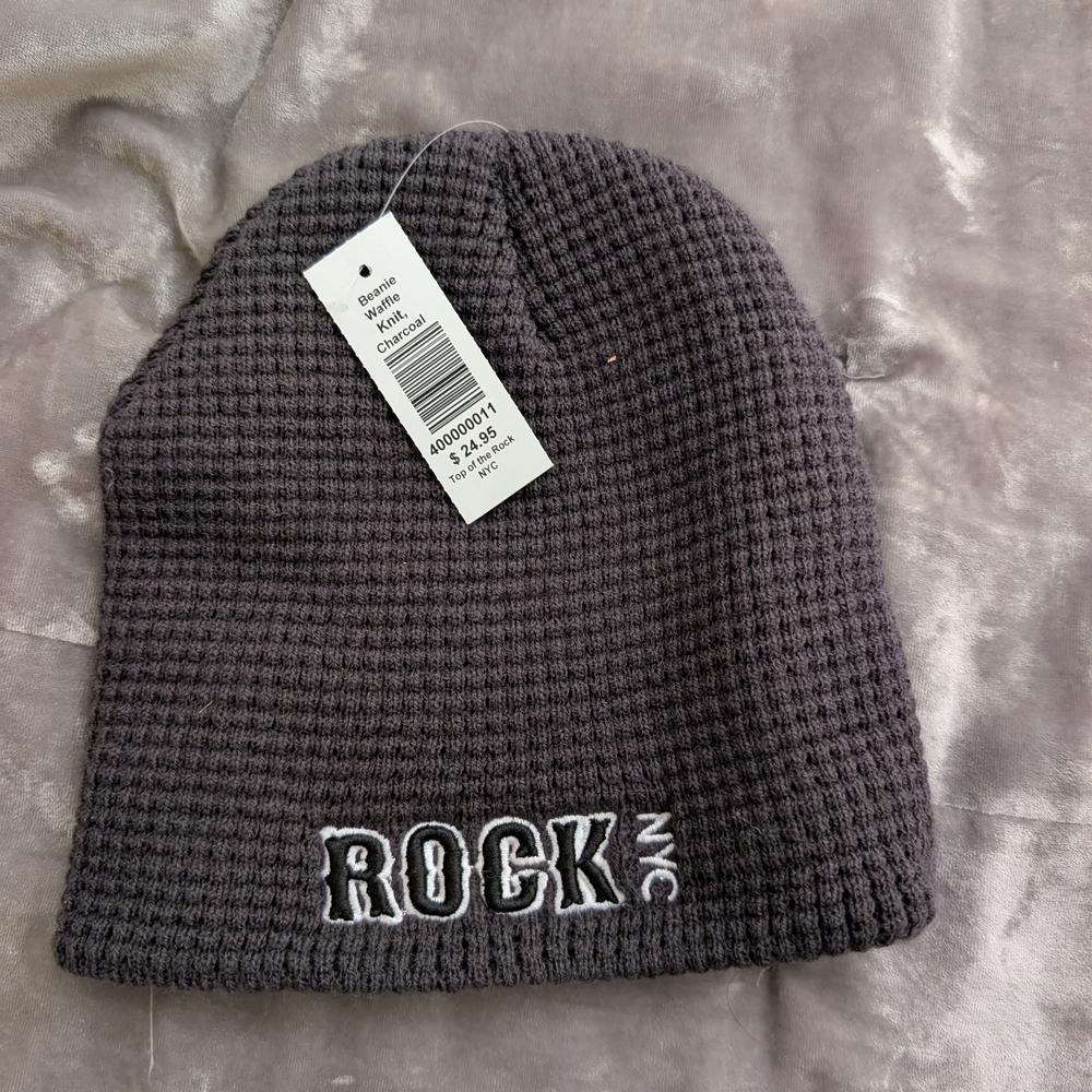 Gray Knit Beanie Hat with Waffle Texture
